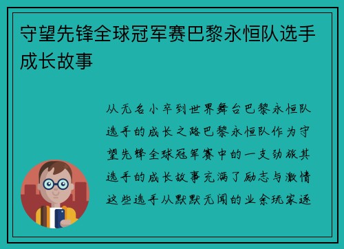 守望先锋全球冠军赛巴黎永恒队选手成长故事
