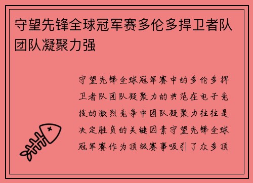 守望先锋全球冠军赛多伦多捍卫者队团队凝聚力强